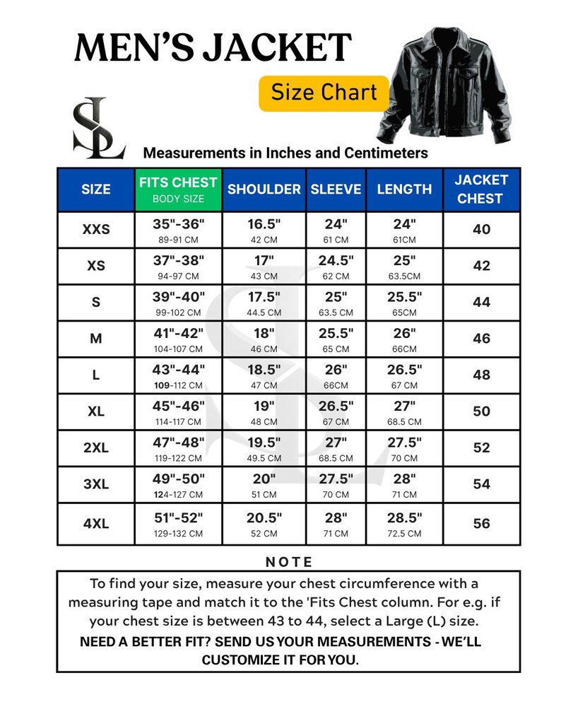 May include: A men's jacket size chart, showing measurements in inches and centimetres. Sizes range from XXS to 4XL, with chest, shoulder, sleeve, and jacket chest dimensions. A note explains how to measure and select the correct size for the jacket.