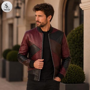 Men's Burgundy Black Geometric Patchwork Leather Bomber Jacket | Modern Color Block Zip-Up Seek Leather