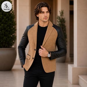 Men's Two-Tone Leather Blazer – Tan Black Tailored Statement Jacket