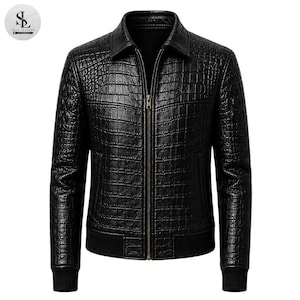 Giacca da uomo in pelle nera con stampa coccodrillo – Giacca di lusso slim fit con cerniera, dal design accattivante