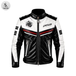 Men's Black White Leather Biker Jacket – Slim Fit Racer Style with Red Stripe