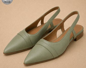 Sage Green Leather Slingback Flats – Pointed Toe Low Heel Elegant Shoes