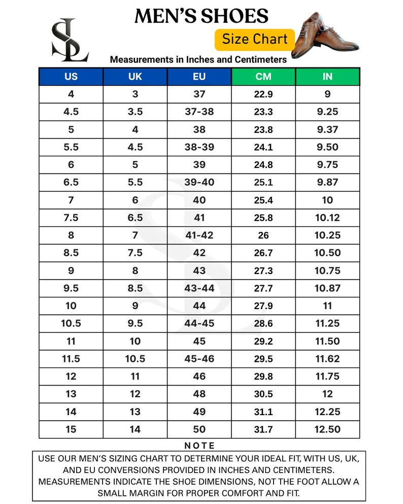 K&ouml;nnte beinhalten: Eine Schuhgr&ouml;&szlig;entabelle mit Spalten f&uuml;r US-, UK-, EU-, CM- und IN-Ma&szlig;e. Die Kopfzeile enth&auml;lt den Text MEN'S SHOES und SIZE CHART, erg&auml;nzt durch ein Bild von braunen Lederschuhen in der oberen rechten Ecke der grafischen Darstellung.