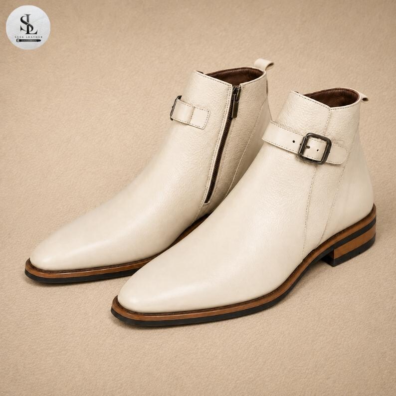 K&ouml;nnte beinhalten: Ein Paar cremewei&szlig;e Stiefeletten mit strukturierter Oberfl&auml;che, seitlichem Rei&szlig;verschluss und einem dekorativen Riemen am Kn&ouml;chel, der mit einer dunklen Metallschnalle befestigt ist. Die Stiefel haben eine spitze Form und einen Holzabsatz.