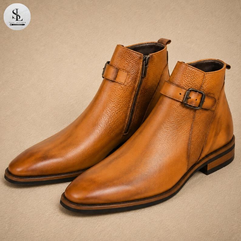 K&ouml;nnte beinhalten: Ein Paar kn&ouml;chelhohe Stiefel aus lohfarbenem Leder mit strukturierter Oberfl&auml;che, ausgestattet mit einem seitlichen Rei&szlig;verschluss an einem Stiefel und einem Zierriemen mit Metallschnalle am anderen. Die Stiefel haben eine spitze Form und einen Absatz.