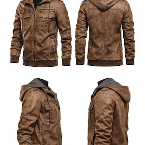 May include: Brown faux leather jacket with a grey hooded lining. The jacket features multiple pockets, a zip closure, and ribbed cuffs and hem. The jacket is displayed from multiple angles.
