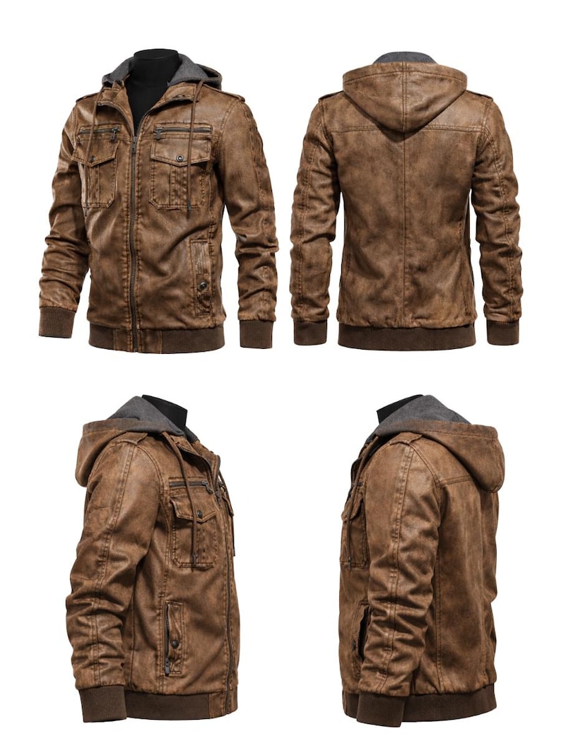 May include: Brown faux leather jacket with a grey hooded lining. The jacket features multiple pockets, a zip closure, and ribbed cuffs and hem. The jacket is displayed from multiple angles.
