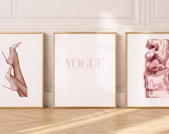 Pink Fashion Prints Set, Vogue, Heels, Money Art