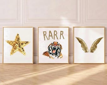 Bold Tiger Art Print, Maximalist RARR Poster, Gold Glitter Texture (Digital Download)