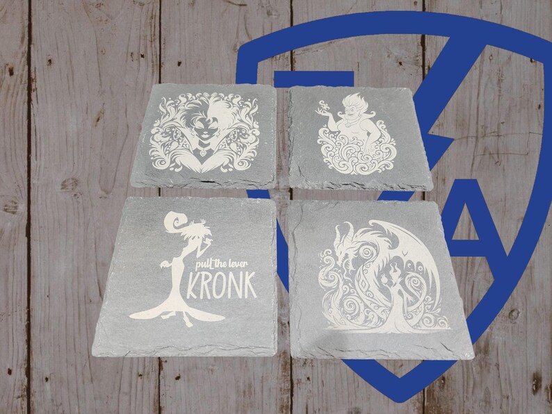 May include: Four square slate coasters with white etched designs. The designs include a villainous woman, a sea witch, a dragon with a woman, and a character with the text "pull the lever KRONK". The coasters are on a wooden background.
