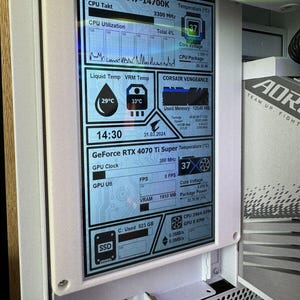 Könnte beinhalten: Ein Computergehäuse mit einem digitalen Display, das Systeminformationen in Echtzeit anzeigt. Der Bildschirm zeigt CPU- und GPU-Temperaturen, Taktraten und Auslastungsprozentsätze an. Das Display zeigt auch Datum und Uhrzeit an.