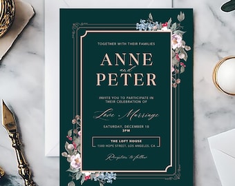 Wedding Invitation Template, Elegant Green Floral Wedding Invite, Classic Wedding, Editable Canva Invitation, Printable Digital Download