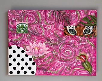 Original Acrylgemälde „A Breeze of Pink“ | Dschungel Traum | Original handgemaltes Acrylbild auf Leinwand | Maximalist Wand Kunst | Tropische Pop Art |
