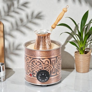 Cafetera tradicional artesanal de arena de cobre con cafetera – 450 W, 110-220 V – Auténtico café turco con espuma abundante