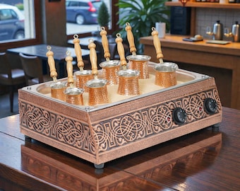 Authentic Copper Sand Coffee Machine 2000W - Electric Turkish Coffee Maker - Your Choice of 110V or 220V - Includes 8 Pots & Sand