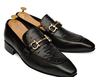 Handmade Men’s Black Ostrich Leather Horsebit Loafers – Luxury Formal Slip On Shoes,