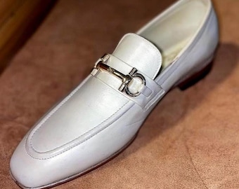 Handcraft White Leather Loafers Men, Horsebit Dress Shoes, Formal Slip On Shoes, Luxury Minimal Loafers