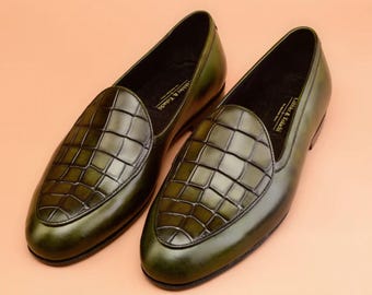 Handgefertigte Grüne Leder Penny Loafers für Herren - Krokodilgeprägte Slip-On-Anzugsschuhe, Luxus-Formal
