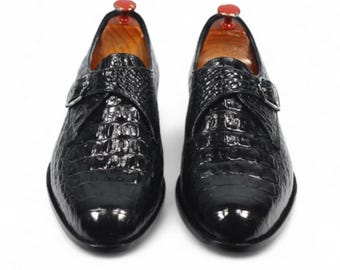 Handgefertigter schwarzer Alligator Krokodilleder Monk Strap!