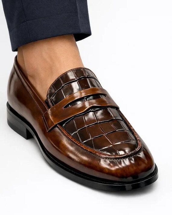 Handmade Brown Crocodile Embossed Penny Loafers for Men, Genuine Leather Slip On Dress Shoes,