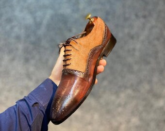 Zapatos Oxford Brogue para hombre, hechos a mano, de dos tonos de cuero y gamuza marrón, zapatos de vestir con cordones y puntera reforzada de primera calidad.