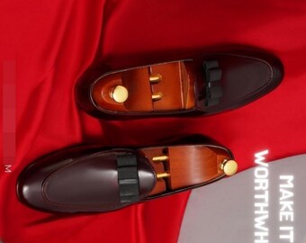 Mocassini da uomo in pelle bordeaux fatti a mano / Scarpe eleganti slip-on da uomo, suola cucita a mano