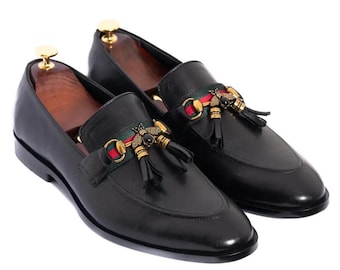 Handcraft Men’s Black Leather Tassel Loafers, Bee Horsebit Slip On Shoes, Luxury Designer Style Formal Shoes