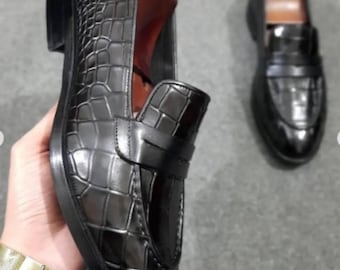Handgefertigte Herren Schwarz Krokodil geprägte Leder Loafers - Luxus Penny Loafers