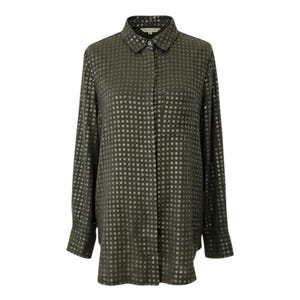 May include: Olive green button-down shirt with a subtle, all-over dot pattern. The long-sleeved shirt features a classic collar, a single chest pocket, and buttoned cuffs. The shirt is made of a lightweight fabric.