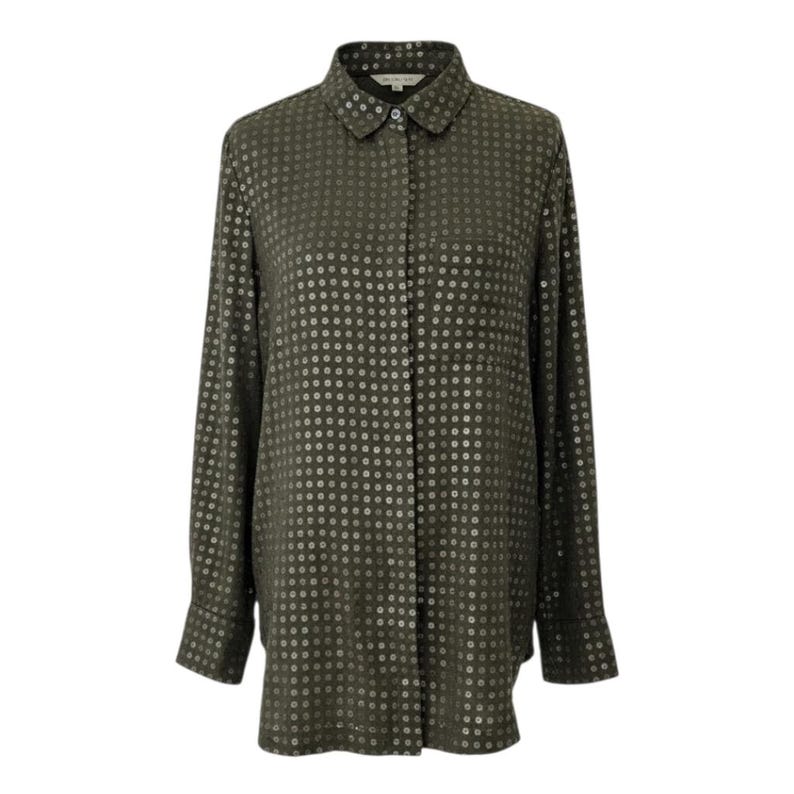 May include: Olive green button-down shirt with a subtle, all-over dot pattern. The long-sleeved shirt features a classic collar, a single chest pocket, and buttoned cuffs. The shirt is made of a lightweight fabric.
