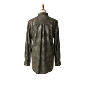 May include: Olive green long-sleeve button-down shirt with a grid pattern of small, shiny silver squares. The shirt has a classic collar and buttoned cuffs. The garment is displayed on a mannequin against a white background.