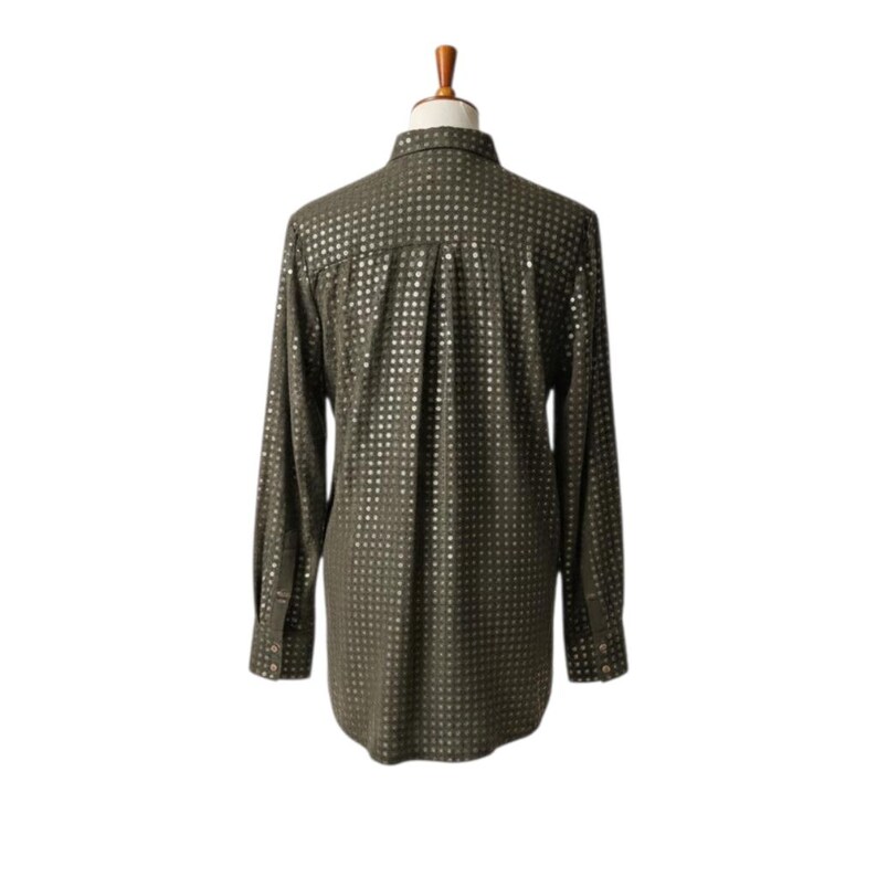May include: Olive green long-sleeve button-down shirt with a grid pattern of small, shiny silver squares. The shirt has a classic collar and buttoned cuffs. The garment is displayed on a mannequin against a white background.