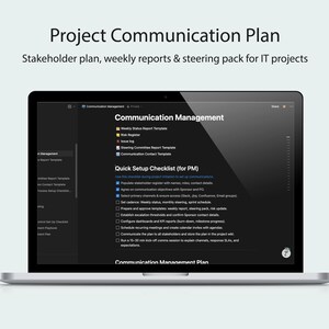 May include: A laptop displaying a "Project Communication Plan" with text including "Stakeholder plan, weekly reports & steering pack for IT projects." The screen shows a "Communication Management" document with a "Quick Setup Checklist."