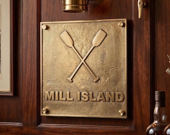 Mill Island Custom Brass Sign with Crossed Oars –  Personalized Brass Plaques Home Décor,
