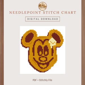 May include: A digital needlepoint stitch chart featuring a cartoon character design. The chart is a digital download and includes a PDF and Stitchly file. The design is a yellow and brown character with a white accent.