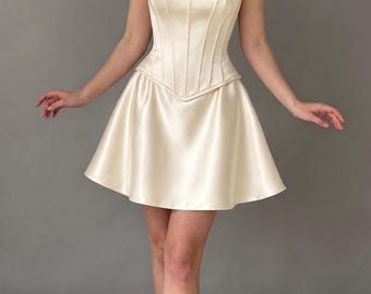 Ivory Satin Corset Top and Skirt Set | Mini Wedding Dress | Rehearsal Dinner Outfit