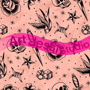 May include: A repeating pattern featuring classic tattoo imagery. The design includes black and white skulls, roses, swallows, stars, dice, daggers, and barbed wire on a light peach background. The text "Art Yes Studio" is across the image.