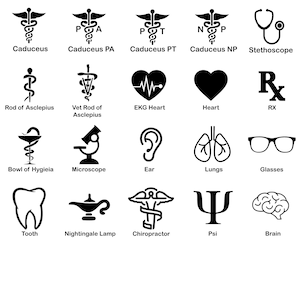 May include: Black and white icons representing various medical and healthcare professions, including a caduceus, stethoscope, EKG heart, and more.