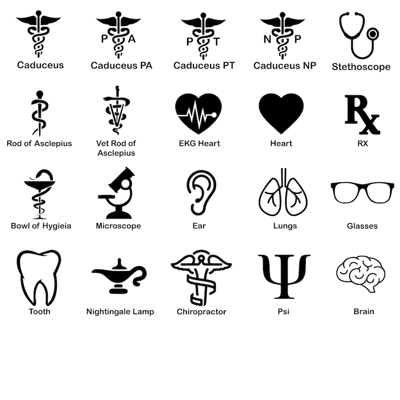 May include: Black and white icons representing various medical and healthcare professions, including a caduceus, stethoscope, EKG heart, and more.