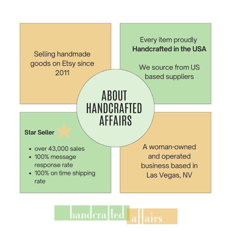May include: A green and orange graphic with the text "ABOUT HANDCRAFTED AFFAIRS" in a circle. The graphic also includes the text "Selling handmade goods on Etsy since 2011", "Every item proudly Handcrafted in the USA", "We source from US based suppliers", "Star Seller", "over 43,000 sales", "100% message response rate", "100% on time shipping rate", "A woman-owned and operated business based in Las Vegas, NV", and "handcrafted affairs".