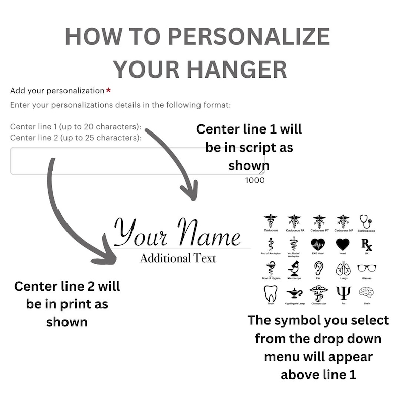 May include: A guide on how to personalize a hanger with text. The image shows a hanger with the text "Your Name" in script font and "Additional Text" in print font. The text "Center line 1 will be in script as shown" and "Center line 2 will be in print as shown" is also included. A drop-down menu of medical symbols is shown below the text.