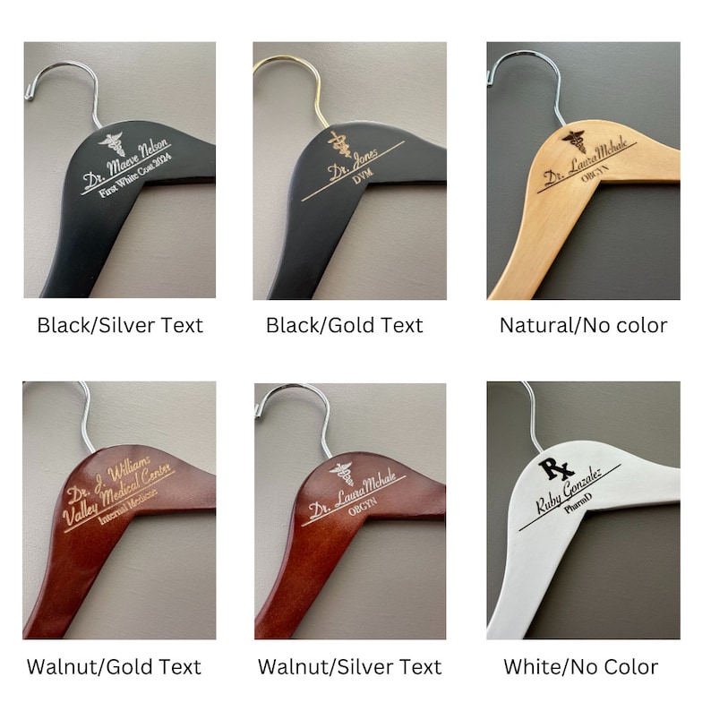May include: Six wooden hangers with different finishes and text engravings. The hangers are black, natural wood, walnut, and white. The text engravings include names, titles, and medical specialties.