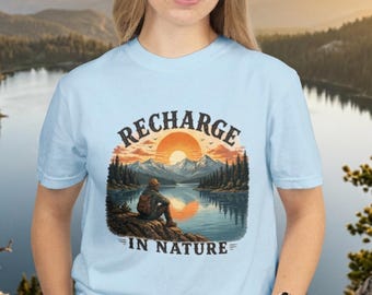 Mountain Lake Sunset Graphic Tee, Nature Lover Hiking Shirt