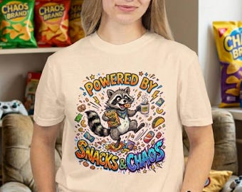 Raccoon Snack Lover Shirt, Powered by Snacks and Chaos Graphic Tee