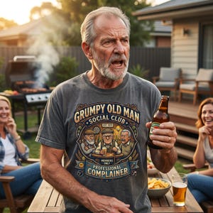 Op de afbeelding: Een grijs t-shirt met de tekst "Grumpy Old Man Social Club" en een afbeelding van drie mannen. De man op de foto houdt een bierfles vast. De scène speelt zich buiten af met een barbecue en mensen op de achtergrond.