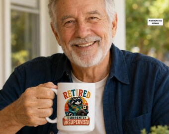 Retirement Mug, Funny Retired Man Gift, Raccoon Coffee Cup for Dad Grandpa or Coworker