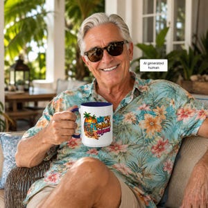 Puede incluir: Una taza de cerámica blanca con interior y asa de color azul oscuro, que presenta un gráfico colorido de una persona relajándose en una silla de playa bajo una palmera con el texto Not My Problem Anymore en una fuente estilizada y multicolor.