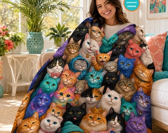 Cat Lover Blanket, Colorful Cats Velveteen Plush Throw, Bedroom Decor, Housewarming Gift