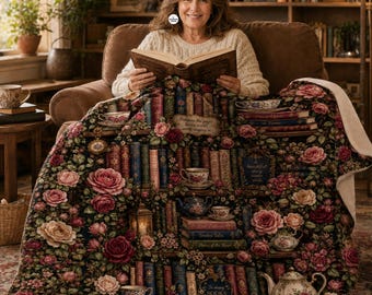 Floral Book Lover Blanket, Vintage Books and Roses, Reading Nook Decor, Bookworm Birthday Gift