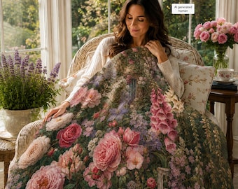 English Garden Floral Blanket, Vintage Cottagecore Decor, Garden Lover Gift, Housewarming Present for Her